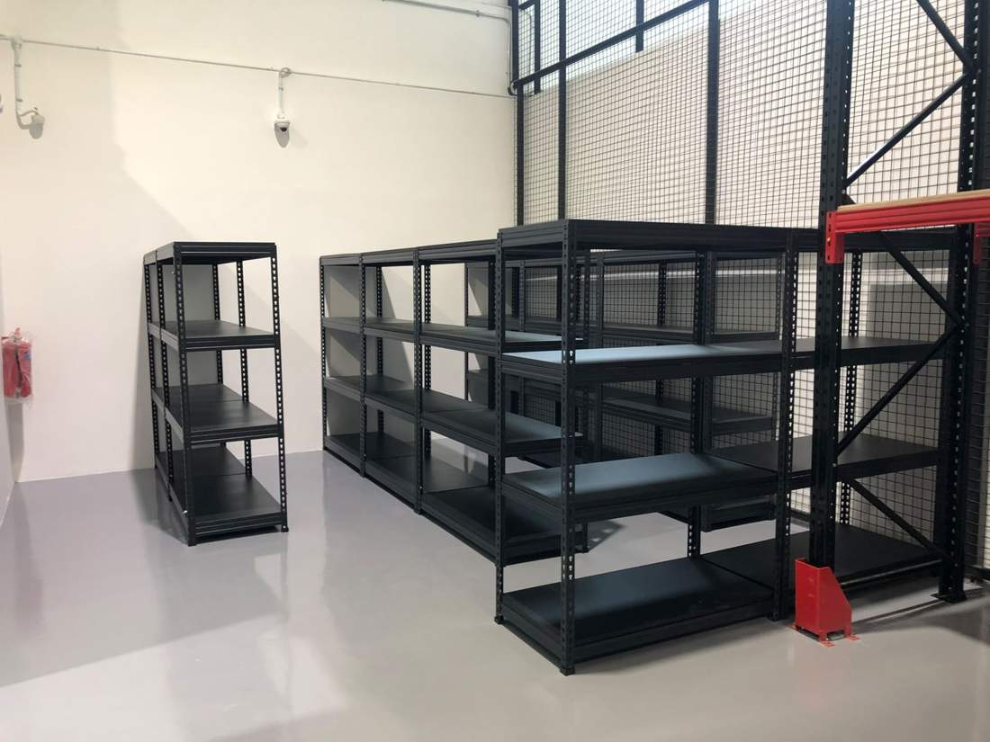 Boltless shelving units in storage room